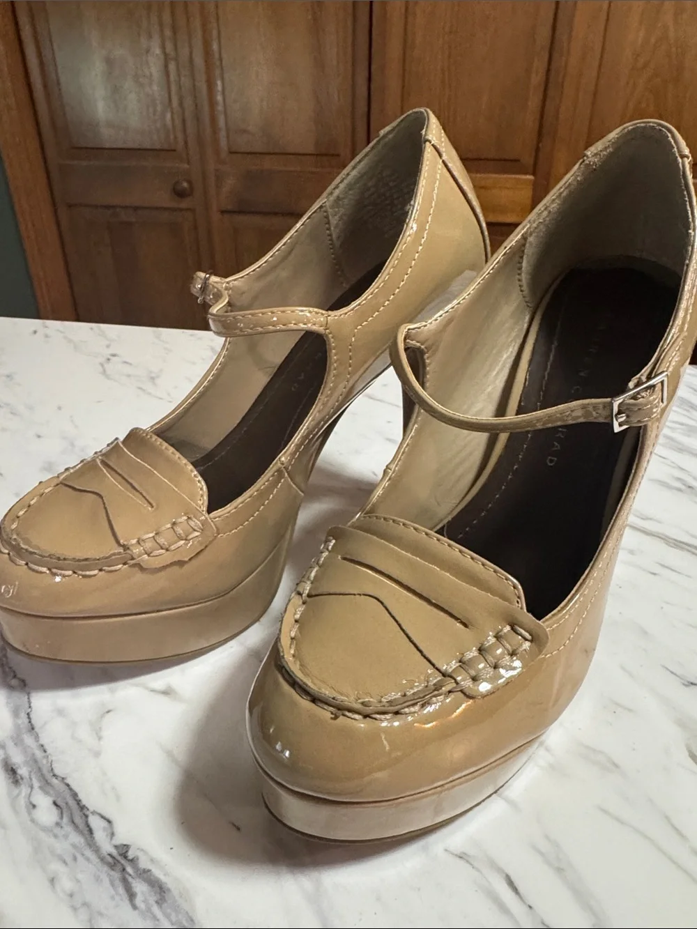 LC Lauren Conrad Patent Mary Jane Platform Heels in Tan